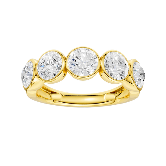 A sophisticated 14k yellow gold 2/3 eternity wedding band featuring 1.5 total carats of shimmering round-cut lab-grown diamonds in a modern bezel setting.
