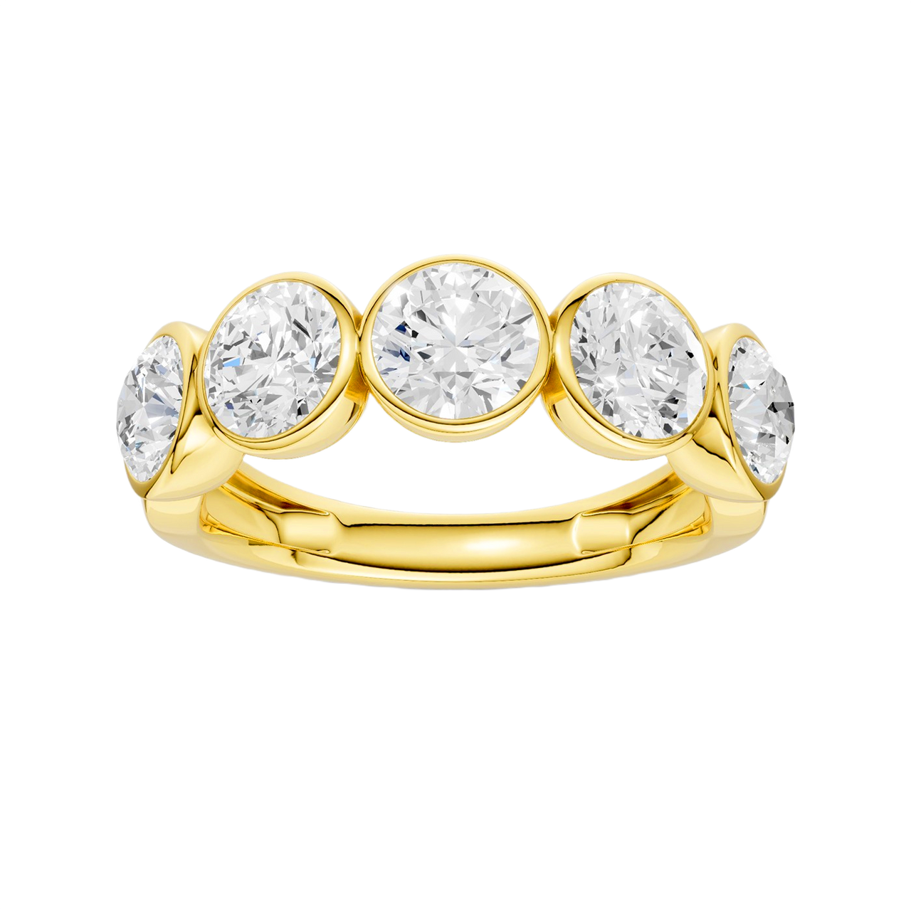 A sophisticated 14k yellow gold 2/3 eternity wedding band featuring 1.5 total carats of shimmering round-cut lab-grown diamonds in a modern bezel setting.