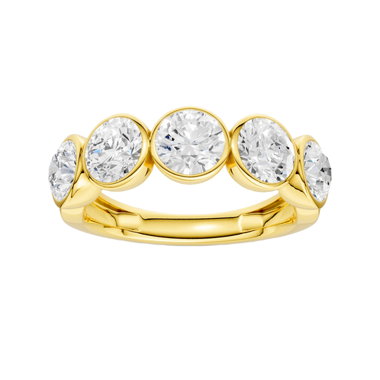 A sophisticated 14k yellow gold 2/3 eternity wedding band featuring 1.5 total carats of shimmering round-cut lab-grown diamonds in a modern bezel setting.
