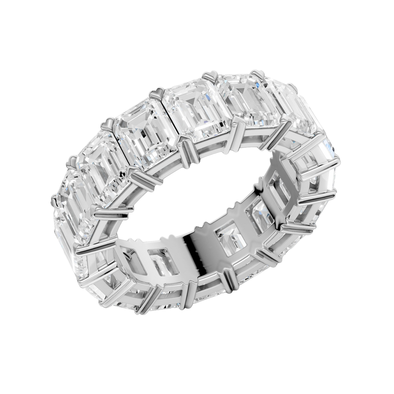 An angled view of a 14K white gold eternity band, highlighting the magnificent sparkle of the rectangular jewels.