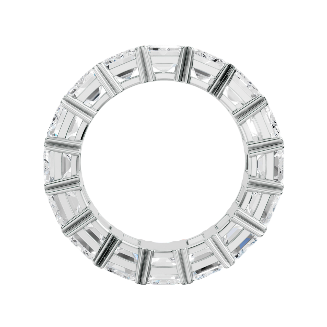 A front view of a 14K white gold eternity band, showcasing the brilliant sparkle of its rectangular jewels.