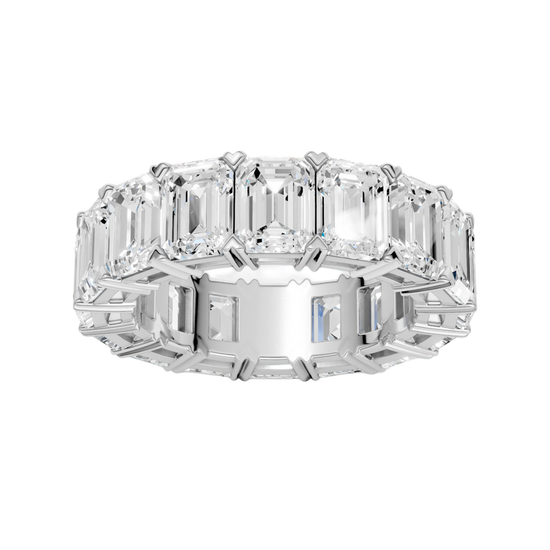 A top-down view of a 14K white gold eternity band with a continuous line of exceptionally bold, horizontally-set rectangular jewels.