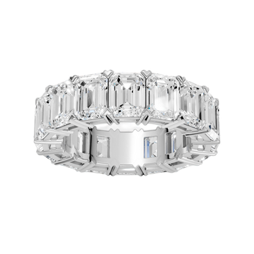A top-down view of a 14K white gold eternity band with a continuous line of exceptionally bold, horizontally-set rectangular jewels.