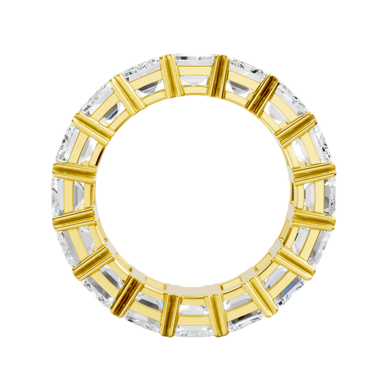 A front view of a 14K yellow gold eternity band, showcasing the brilliant sparkle of its rectangular jewels.