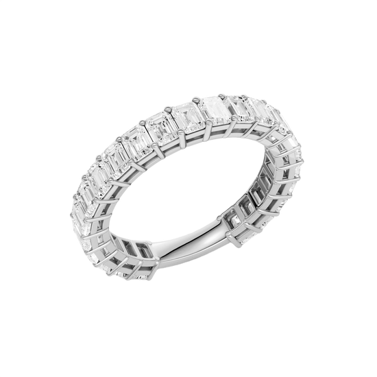 A sophisticated 14k white gold full eternity ring showcasing a seamless row of premium 2.3cttw emerald-cut diamonds for an icy, modern glow.