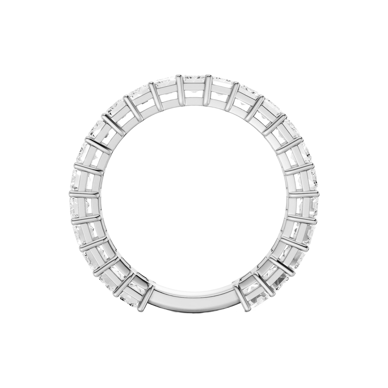 A sophisticated 14k white gold full eternity ring showcasing a seamless row of premium 2.3cttw emerald-cut diamonds for an icy, modern glow.