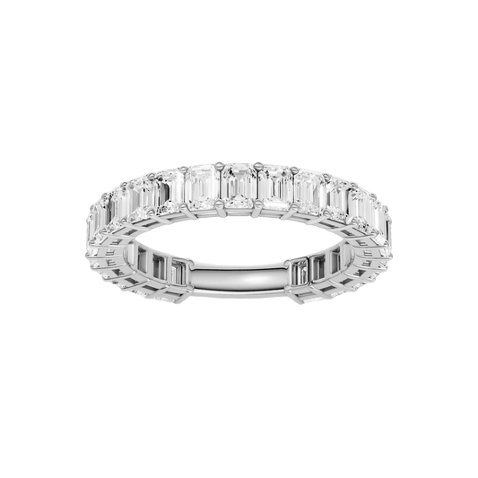 A sophisticated 14k white gold full eternity ring showcasing a seamless row of premium 2.3cttw emerald-cut diamonds for an icy, modern glow.