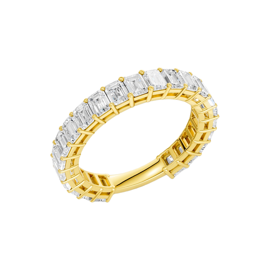 A breathtaking 14k yellow gold full eternity band featuring a continuous circle of 2.3 total carats of shimmering emerald-cut lab-grown diamonds