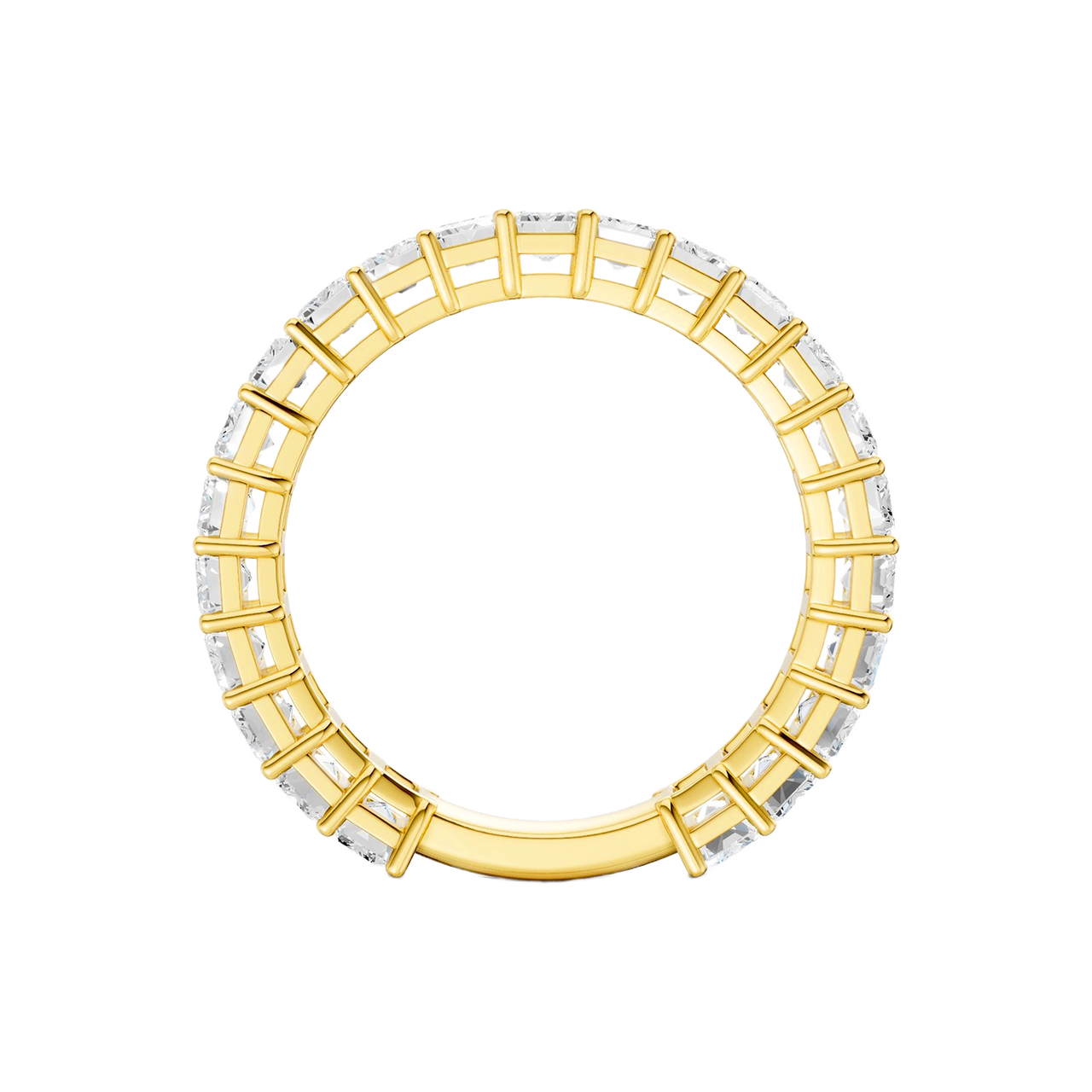 A breathtaking 14k yellow gold full eternity band featuring a continuous circle of 2.3 total carats of shimmering emerald-cut lab-grown diamonds