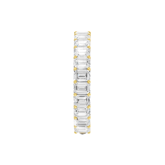 A breathtaking 14k yellow gold full eternity band featuring a continuous circle of 2.3 total carats of shimmering emerald-cut lab-grown diamonds