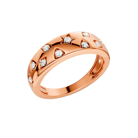 Angled view of the Fourteenth Collection multi-shape diamond dome ring in polished rose gold, featuring star and geometric bezel-set round diamonds with high-shine metal detailing against a black background.
