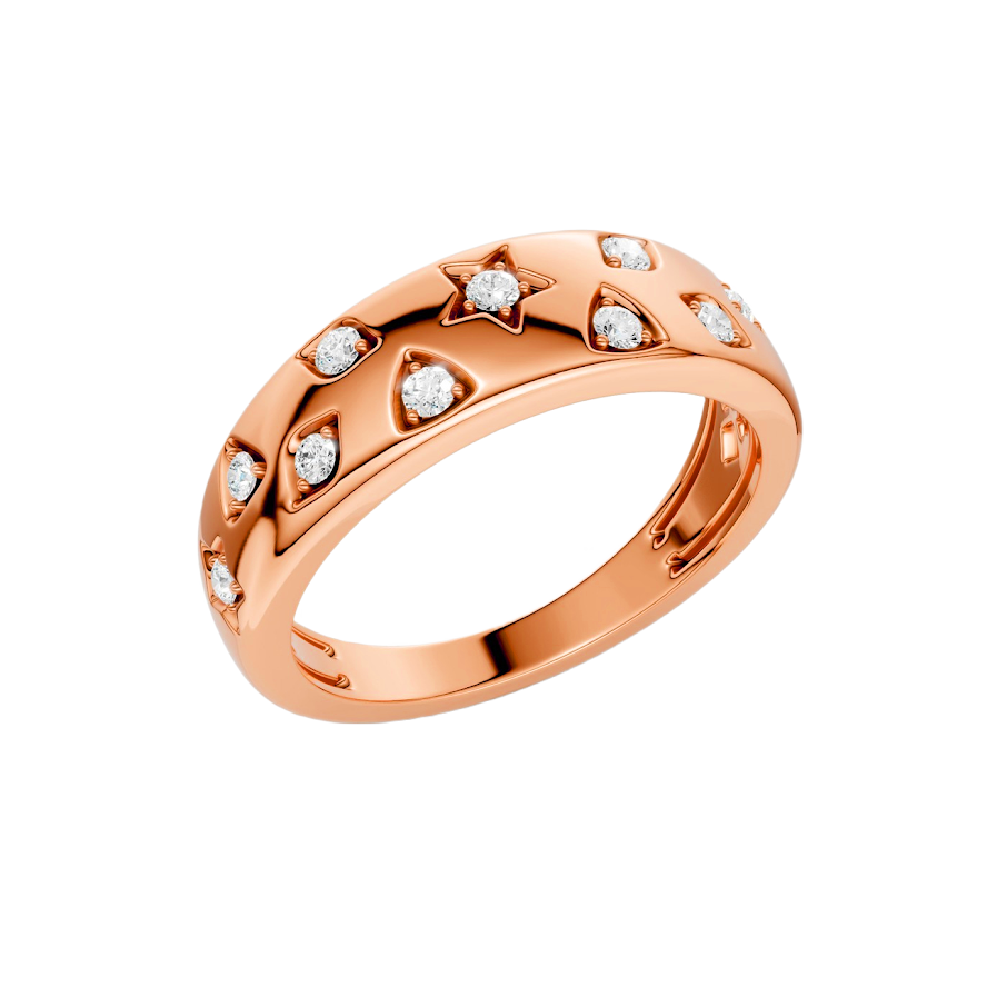 Angled view of the Fourteenth Collection multi-shape diamond dome ring in polished rose gold, featuring star and geometric bezel-set round diamonds with high-shine metal detailing against a black background.
