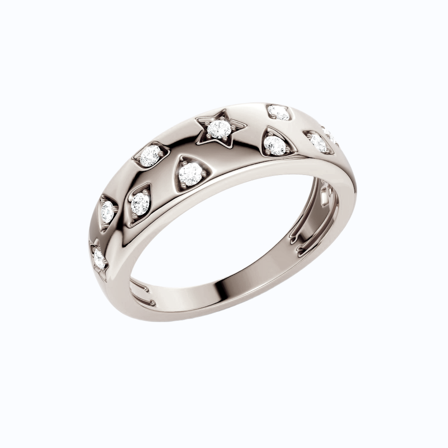 A white gold band ring featuring rows of stars and other shapes, each set with a small white round lab grown diamond, shown on a plain white background.