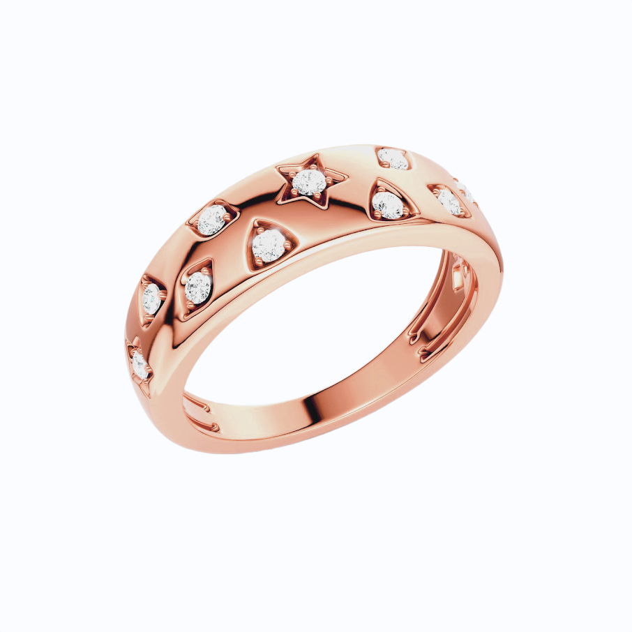 A rose gold band ring featuring rows of stars and other shapes, each set with a small white round lab grown diamond, shown on a plain white background.