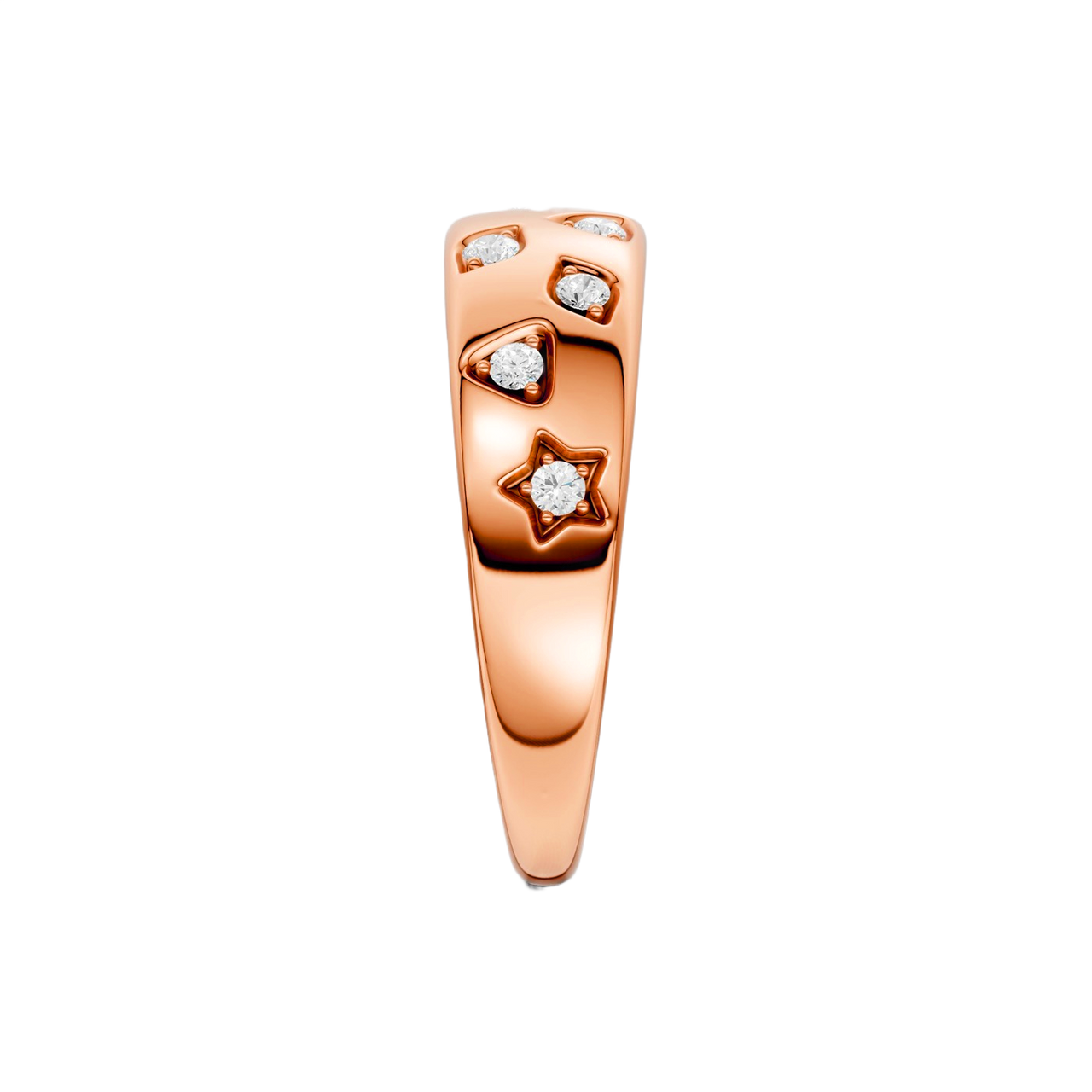 Side profile of the Fourteenth Collection rose gold diamond dome ring, highlighting star and geometric bezel-set diamonds embedded along a sculpted, high-polish rose gold band.