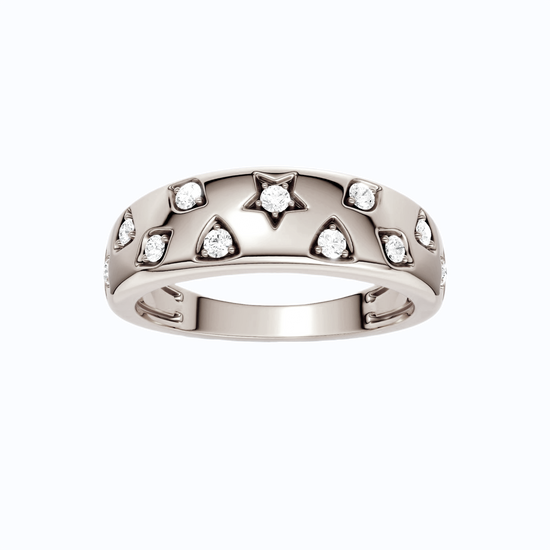 Amorati Diamonds 14K White Gold Multi Shape Star studded ring. Scattered with inset stars, triangles, diamonds, squares with round diamond set inside.