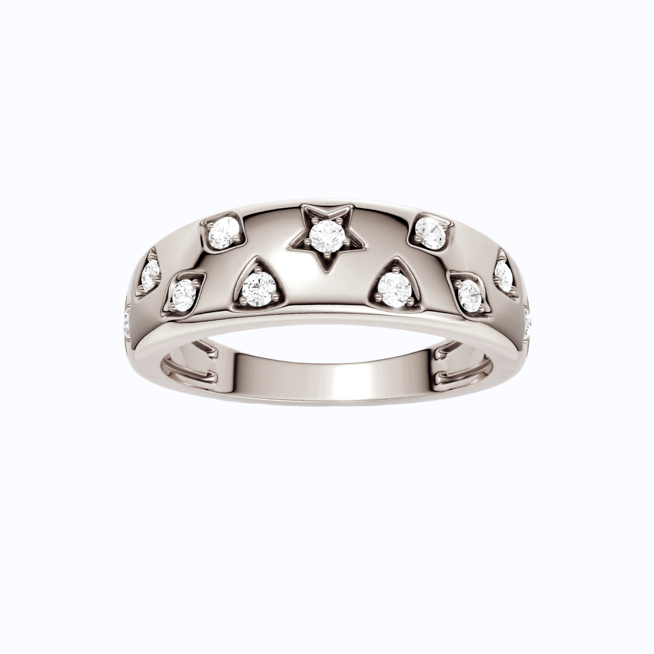 Amorati Diamonds 14K White Gold Multi Shape Star studded ring. Scattered with inset stars, triangles, diamonds, squares with round diamond set inside.