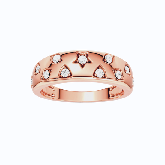 Amorati Diamonds 14K Rose Gold Multi Shape Star studded ring. Scattered with inset stars, triangles, diamonds, squares with round diamond set inside.