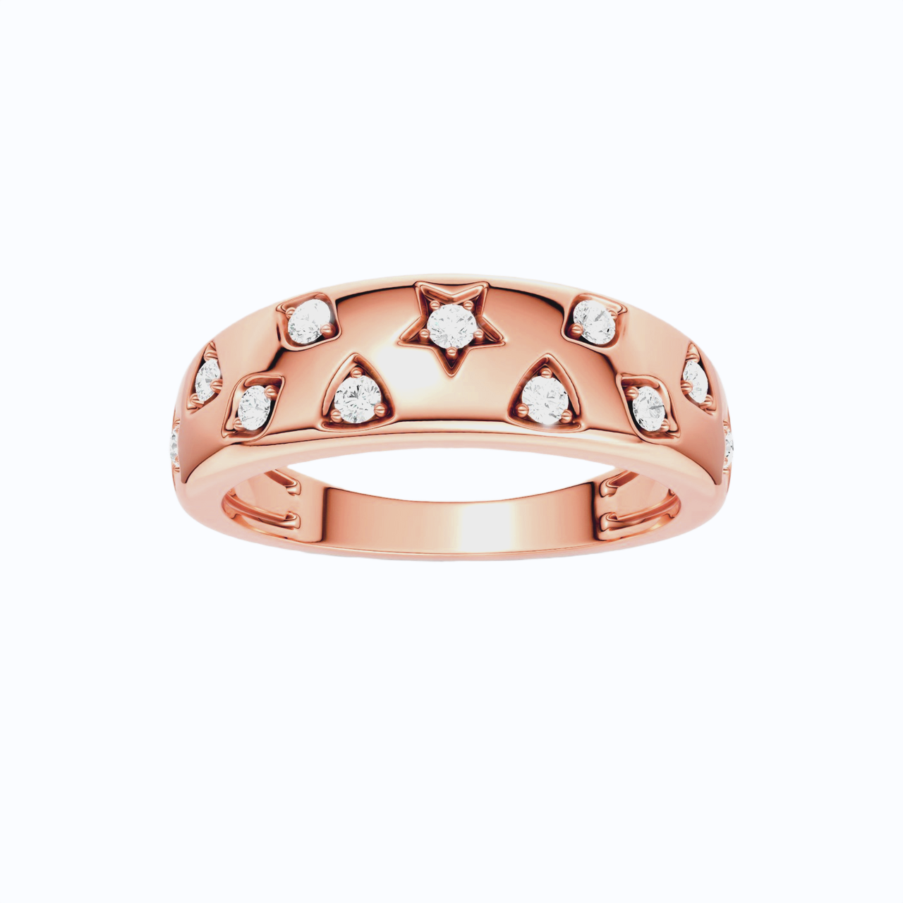 Amorati Diamonds 14K Rose Gold Multi Shape Star studded ring. Scattered with inset stars, triangles, diamonds, squares with round diamond set inside.