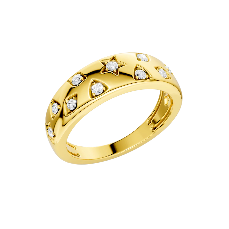 Close-up of the Amorati F O U R T E E N T H Collection Celestial Dome Ring, showcasing the scattered star insets and Colorless VS+ diamond constellation with Insured Free Shipping. Amorati’s signature F O U R T E E N T H Collection.