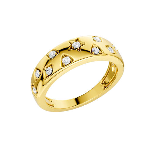 Close-up of the Amorati F O U R T E E N T H Collection Celestial Dome Ring, showcasing the scattered star insets and Colorless VS+ diamond constellation with Insured Free Shipping. Amorati’s signature F O U R T E E N T H Collection.