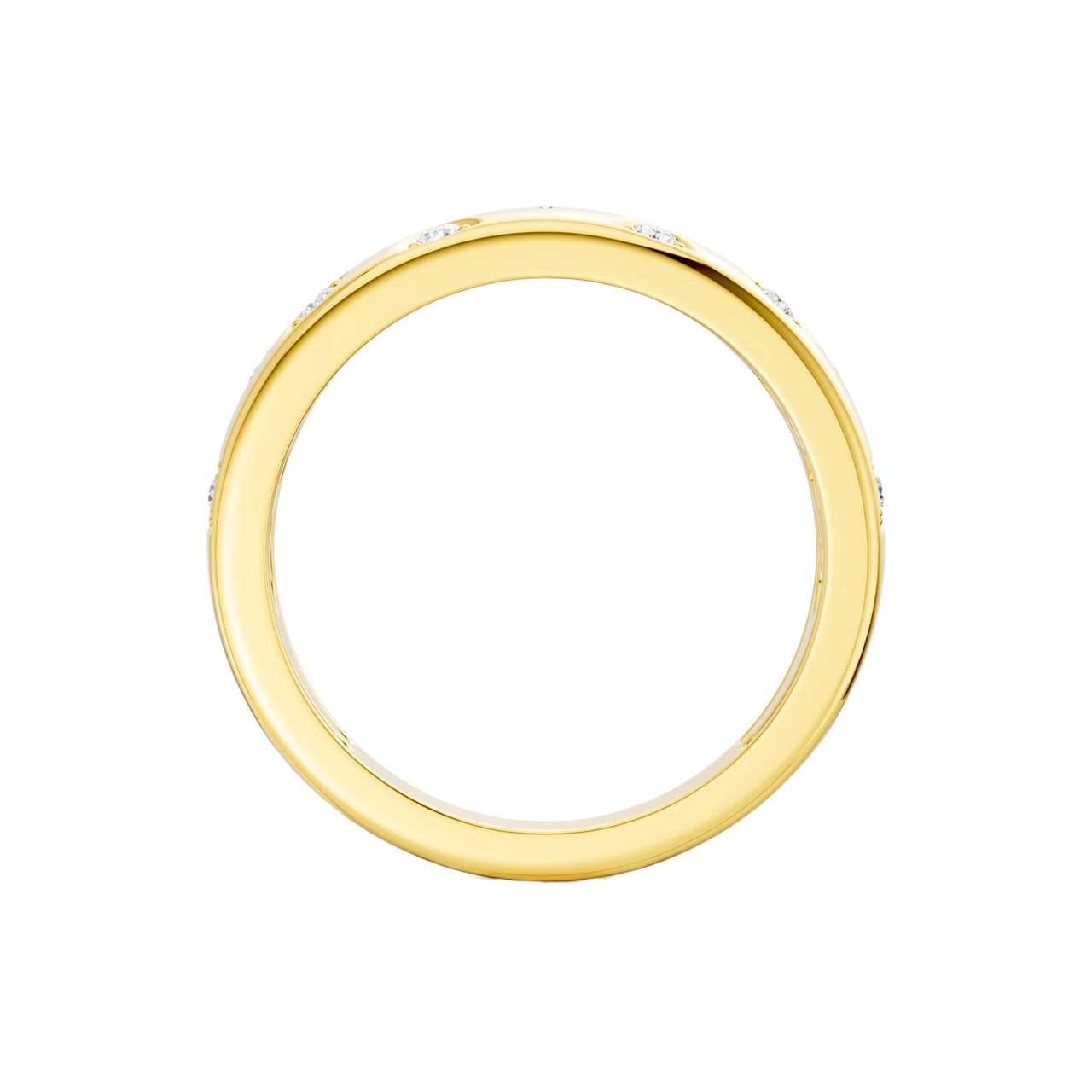 A high-polish 14k yellow gold dome ring by Amorati featuring scattered star and geometric insets with shimmering round-cut diamonds. Amorati’s signature F O U R T E E N T H Collection.