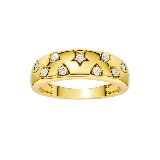 Solid 14K Yellow Gold Star Studded Diamond Dome Ring, 3.45g weighted celestial band with hand-set E-F VS+ lab diamonds and Insured Free Shipping by Amorati. Amorati’s signature F O U R T E E N T H Collection.