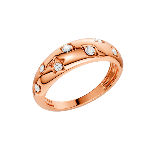 Angled view of the Fourteenth Collection studded diamond dome ring in polished rose gold, featuring bezel-set round diamonds spaced across a smooth, high-shine dome band against a black background.