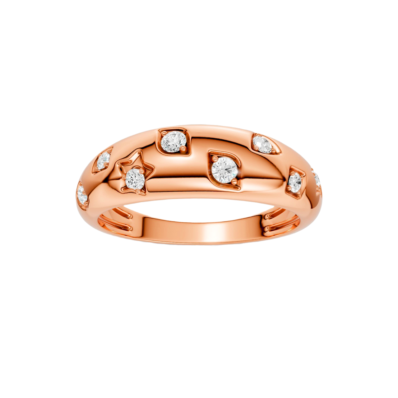 Front facing view of the Fourteenth Collection studded diamond dome ring in rose gold, featuring evenly spaced bezel-set round diamonds across a bold, polished dome silhouette.