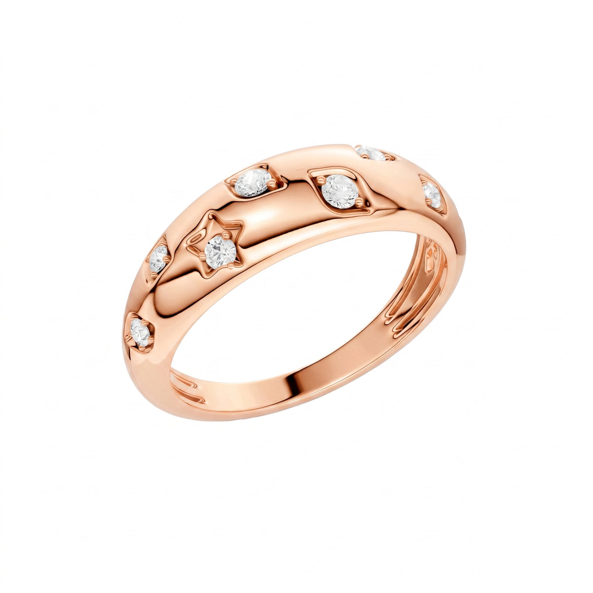 Amorati Diamonds Studded Diamond Dome Ring in 14K rose gold. The band ring featuring a series of small, evenly spaced round-cut lab grown diamonds set in a polished, organic pattern, side view shown on a plain white background 