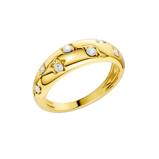 A high-polish 14k yellow gold dome ring by Amorati featuring scattered star and geometric insets with shimmering round-cut diamonds. Amorati’s signature F O U R T E E N T H Collection.