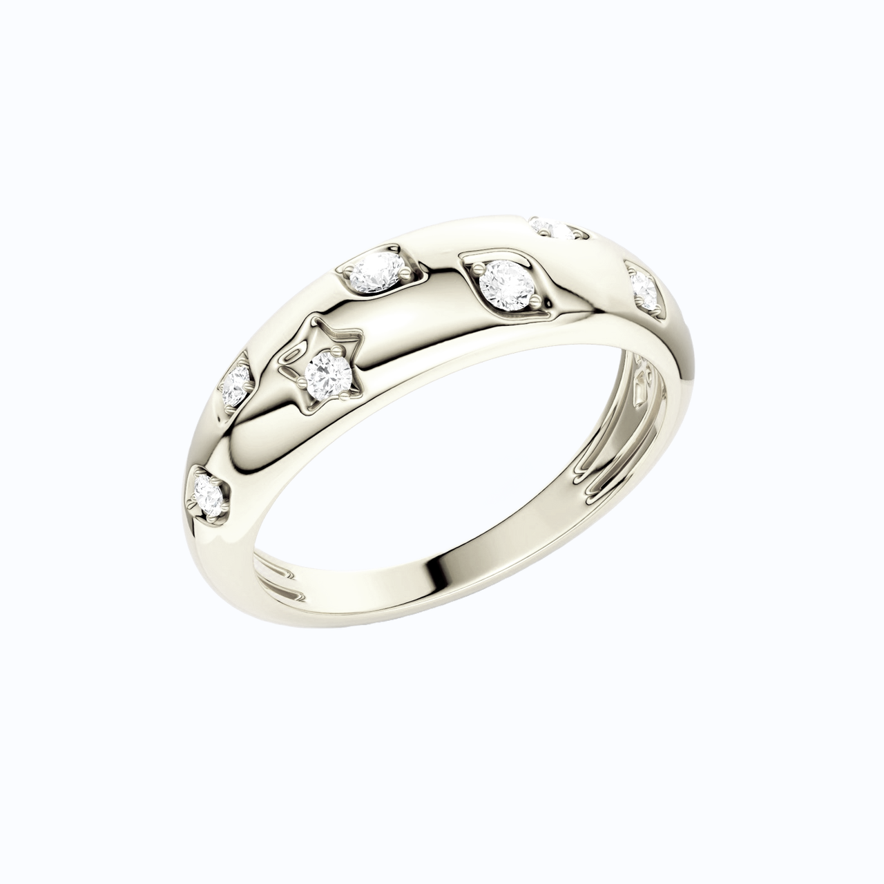 Amorati Diamonds Studded Diamond Dome Ring in 14K white gold. The band ring featuring a series of small, evenly spaced round-cut lab grown diamonds set in a polished, organic pattern, side view shown on a plain white background 