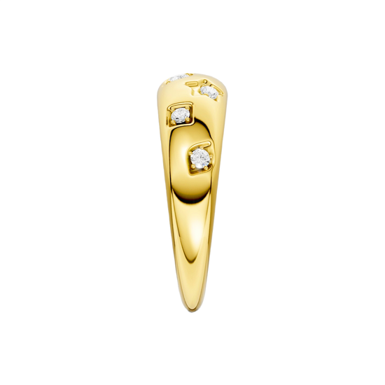 A high-polish 14k yellow gold dome ring by Amorati featuring scattered star and geometric insets with shimmering round-cut diamonds. Amorati’s signature F O U R T E E N T H Collection.