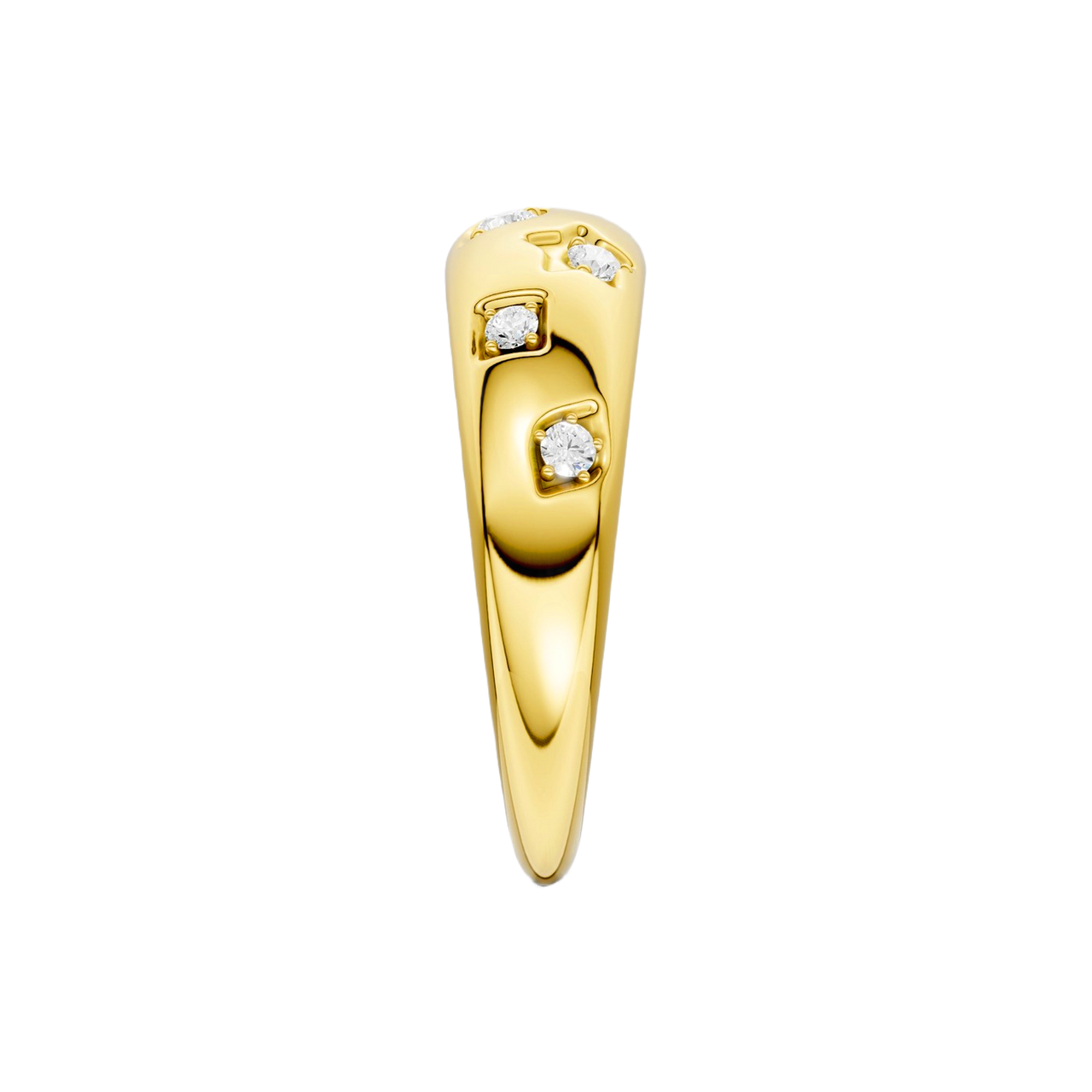 A high-polish 14k yellow gold dome ring by Amorati featuring scattered star and geometric insets with shimmering round-cut diamonds. Amorati’s signature F O U R T E E N T H Collection.