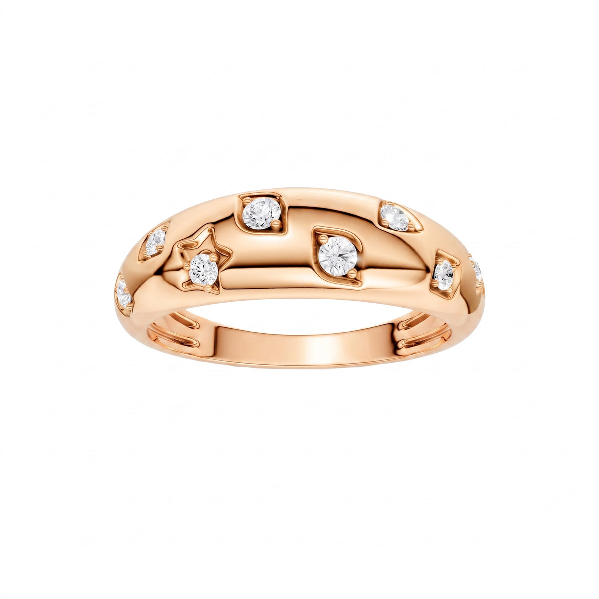 Amorati Diamonds Studded Diamond Dome Ring in 14K rose gold. The band ring featuring a series of small, evenly spaced round-cut lab grown diamonds set in a polished, organic pattern, shown front forward on a plain white background 