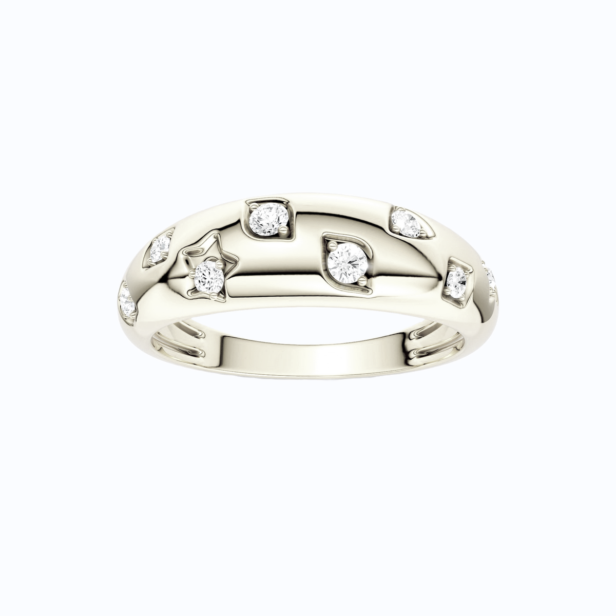 Amorati Diamonds Studded Diamond Dome Ring in 14K white gold. The band ring featuring a series of small, evenly spaced round-cut lab grown diamonds set in a polished, organic pattern, shown front forward on a plain white background 
