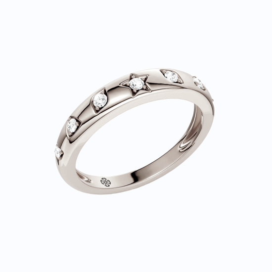 Amorati Diamonds Geometric Studded Diamond Stackable Ring in 14K white gold. The side view of this eternity ring features a star, diamond and other shapes stamped into the gold and inset with round-cut lab grown diamonds, shown on a clean white background.