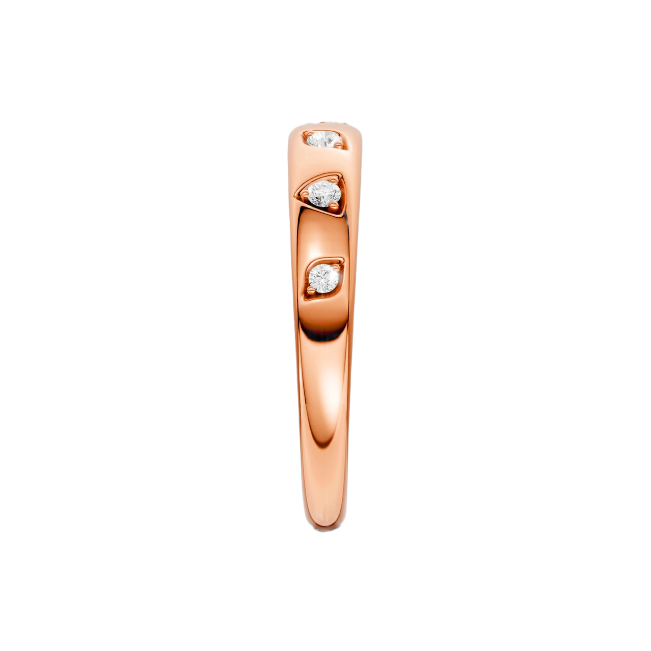 Side profile of the Fourteenth Collection rose gold geometric studded diamond stackable ring, highlighting bezel-set round diamonds embedded into a sleek, sculpted rose gold band.