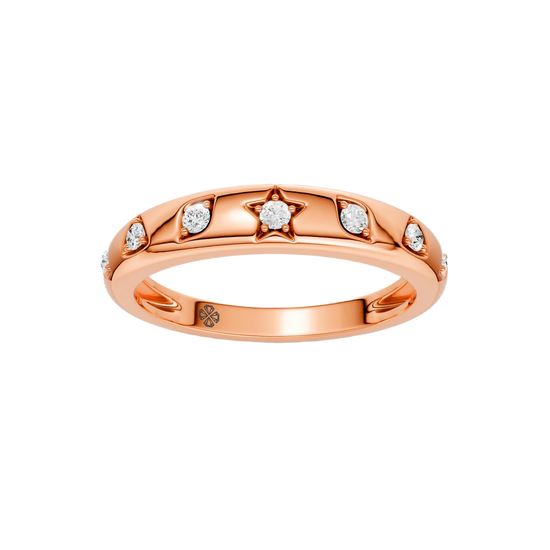 Front facing view of the Fourteenth Collection geometric studded diamond stackable ring in rose gold, featuring star and geometric bezel-set diamonds arranged across a refined, stackable band design.