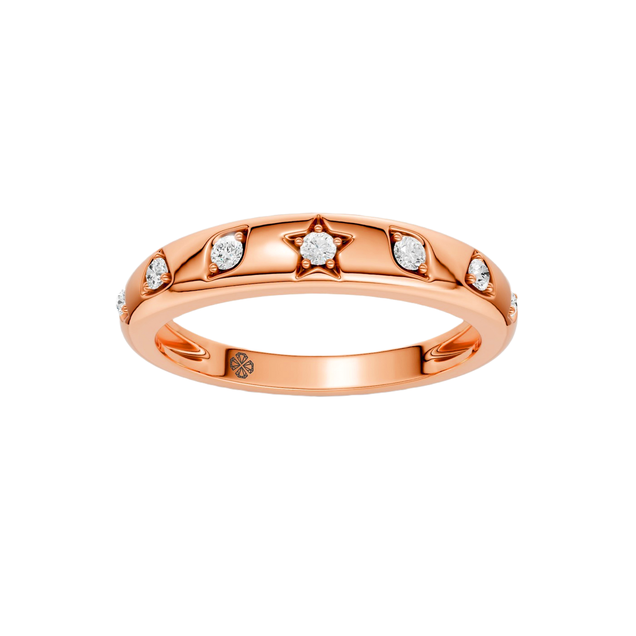 Front facing view of the Fourteenth Collection geometric studded diamond stackable ring in rose gold, featuring star and geometric bezel-set diamonds arranged across a refined, stackable band design.