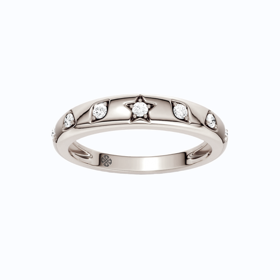 Amorati Diamonds Geometric Studded Diamond Stackable Ring in 14K white gold. This eternity ring features a star, diamond and other shapes stamped into the gold and inset with round-cut lab grown diamonds, shown on a clean white background.