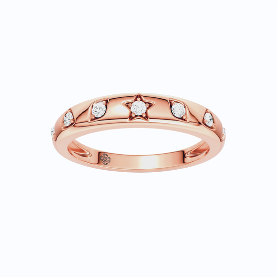 Amorati Diamonds Geometric Studded Diamond Stackable Ring in 14K rose gold. This eternity ring features a star, diamond and other shapes stamped into the gold and inset with round-cut lab grown diamonds, shown on a clean white background.