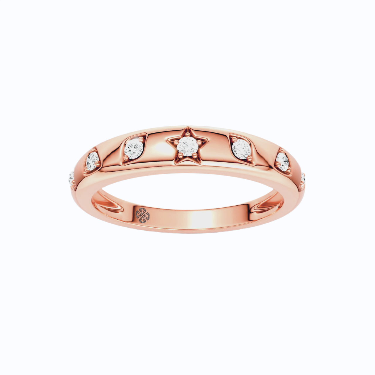 Amorati Diamonds Geometric Studded Diamond Stackable Ring in 14K rose gold. This eternity ring features a star, diamond and other shapes stamped into the gold and inset with round-cut lab grown diamonds, shown on a clean white background.