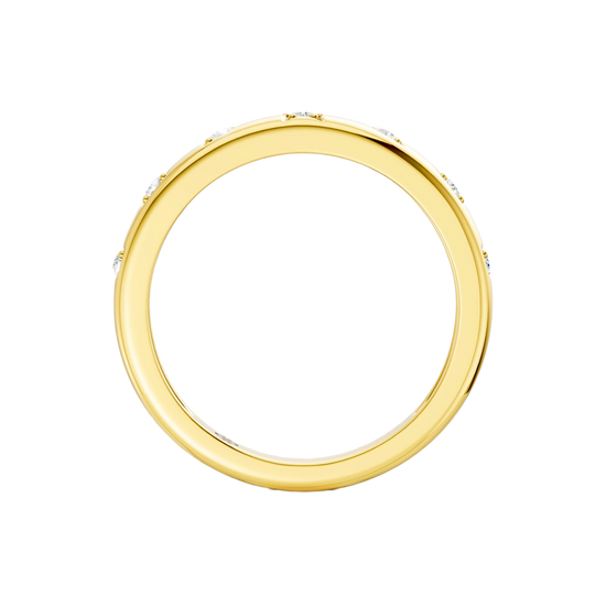 A slim 14k yellow gold stackable ring by Amorati featuring delicate star-shaped insets with shimmering round lab-grown diamonds. Amorati’s signature F O U R T E E N T H Collection.
