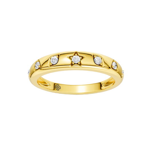 A slim 14k yellow gold stackable ring by Amorati featuring delicate star-shaped insets with shimmering round lab-grown diamonds. Amorati’s signature F O U R T E E N T H Collection.