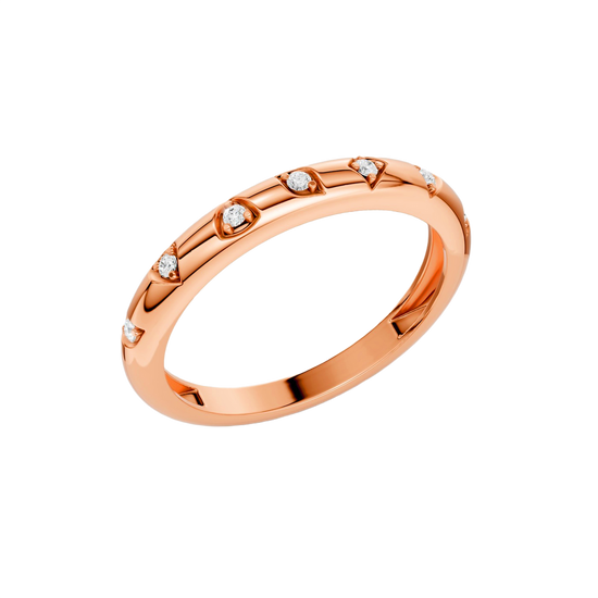 Angled view of the Fourteenth Collection micro studded diamond stackable thin ring in polished rose gold, featuring petite bezel-set round diamonds spaced evenly along a slim, high-shine band.
