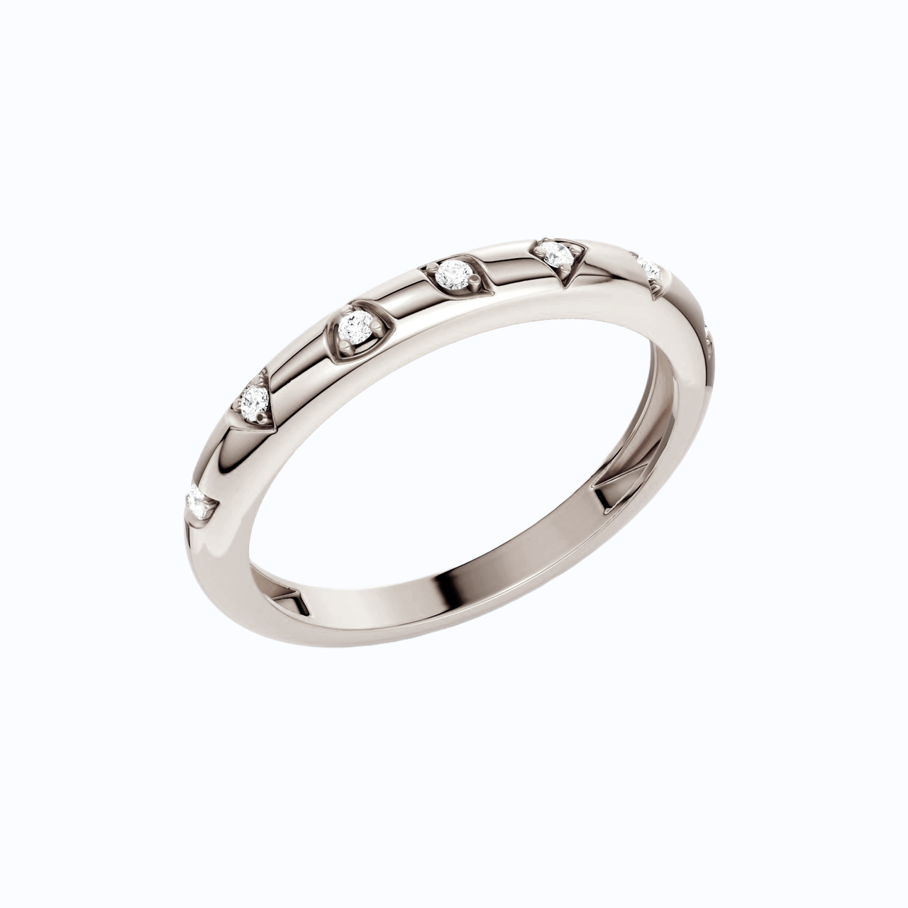 A high-polish, thin 14k white gold stackable ring by Amorati featuring tiny star-shaped insets with shimmering round lab-grown diamonds. Amorati’s signature F O U R T E E N T H Collection.