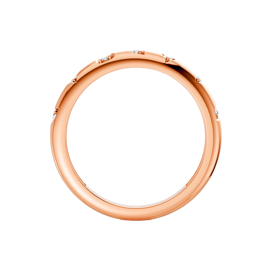 Interior back view of the Fourteenth Collection micro studded diamond stackable thin ring crafted in rose gold, showcasing a smooth polished band with subtle diamond accents along the outer edge.