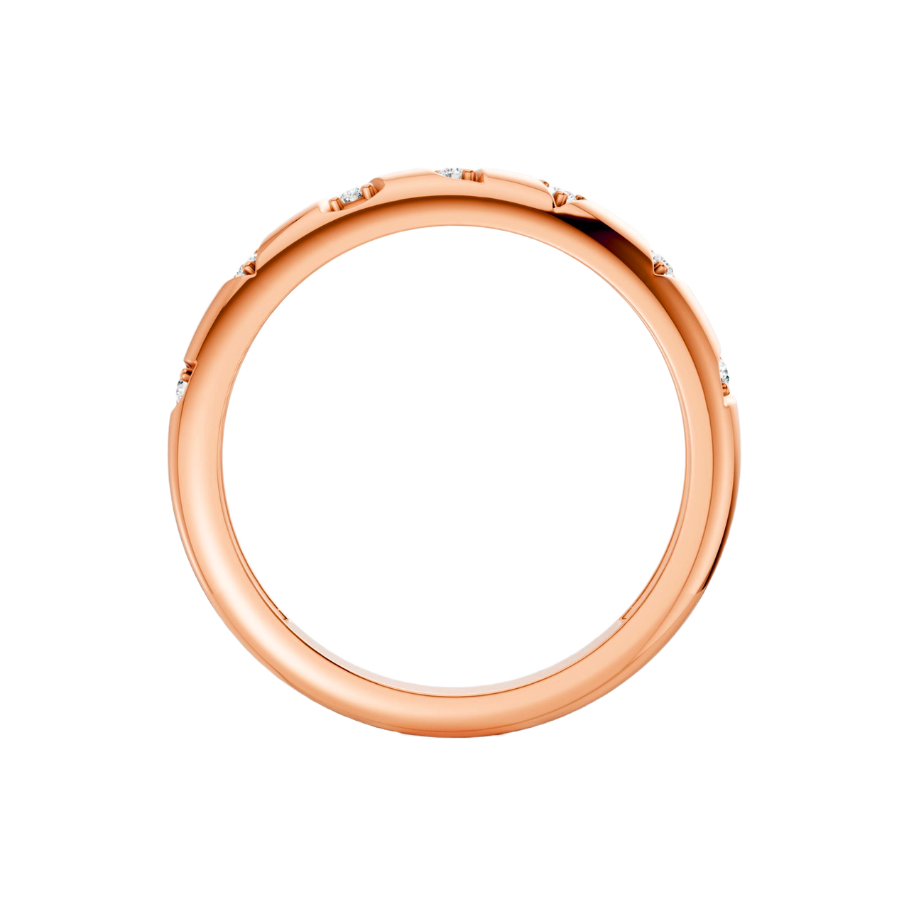 Interior back view of the Fourteenth Collection micro studded diamond stackable thin ring crafted in rose gold, showcasing a smooth polished band with subtle diamond accents along the outer edge.