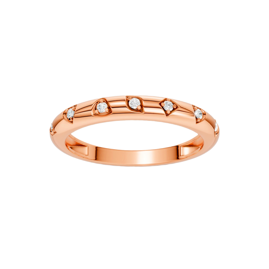 Front facing view of the Fourteenth Collection micro studded diamond stackable thin ring in rose gold, featuring evenly spaced bezel-set round diamonds across a refined, ultra-slim stackable silhouette.